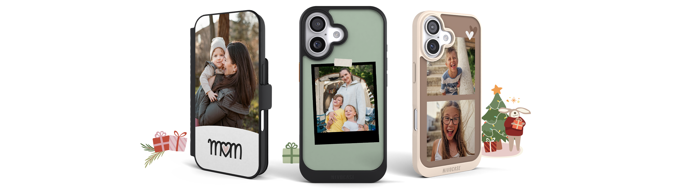 Drei personalisierte Handyhüllen mit Familienfotos und weihnachtlicher Dekoration