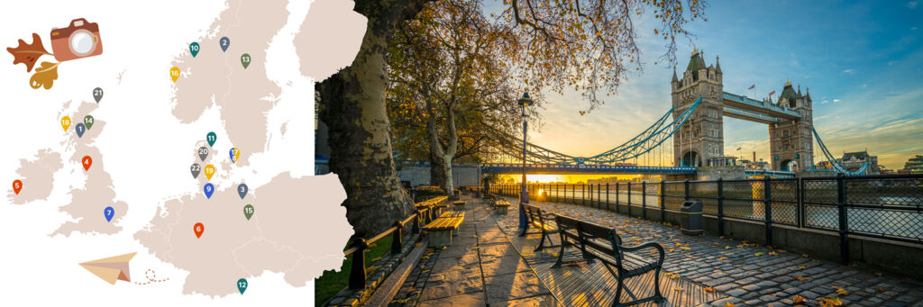 Links eine Europakarte mit Stecknadeln. Rechts die einsame Uferpromenade der Themse bei Sonnenaufgang.