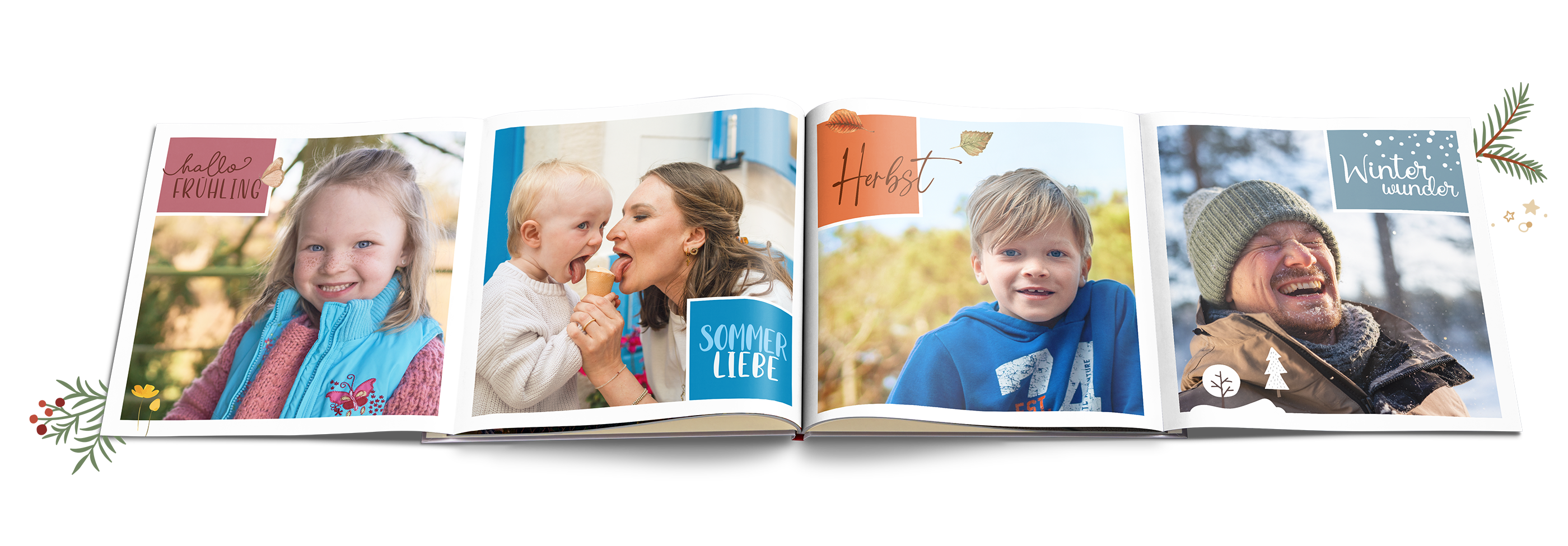 Panoramaseite in einem CEWE FOTOBUCH mit Familienfotos aus Frühling, Sommer, Herbst und Winter.