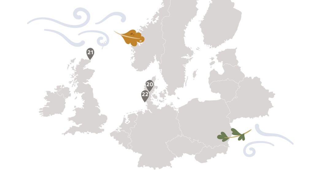 Europakarte mit Stecknadeln an den Orten Jütland bei Dänemark, Dunnet Head in Schottland und die Insel Föhr bei Deutschland.