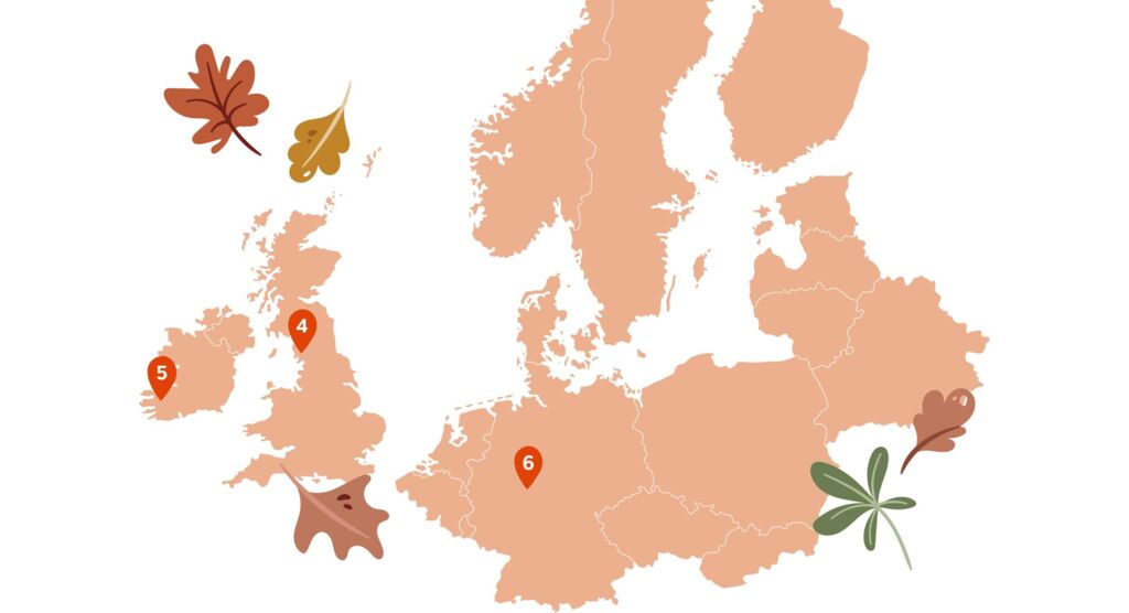 Europakarte mit Stecknadeln an den Orten Lake District, Killarney-Nationalpark in Irland und Kellerwald-Edersee-Nationalpark in Deutschland.