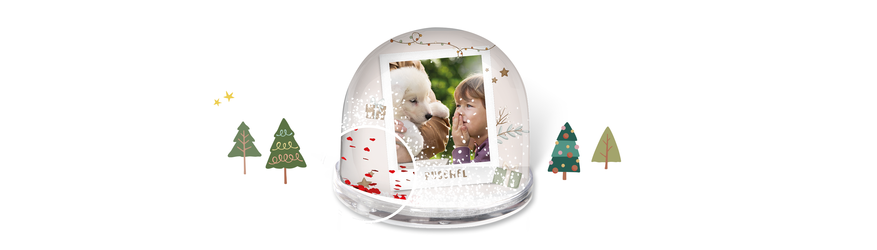 Personalisierte Schneekugel mit Kinderfoto und Hund; ein Kreis macht Konfetti in Herz- und Sternform im inneren der Schneekugel sichtbar.