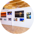 Auf einer weißen Wand sind verschiedene Fotografien in unterschiedlichen Größen befestigt.