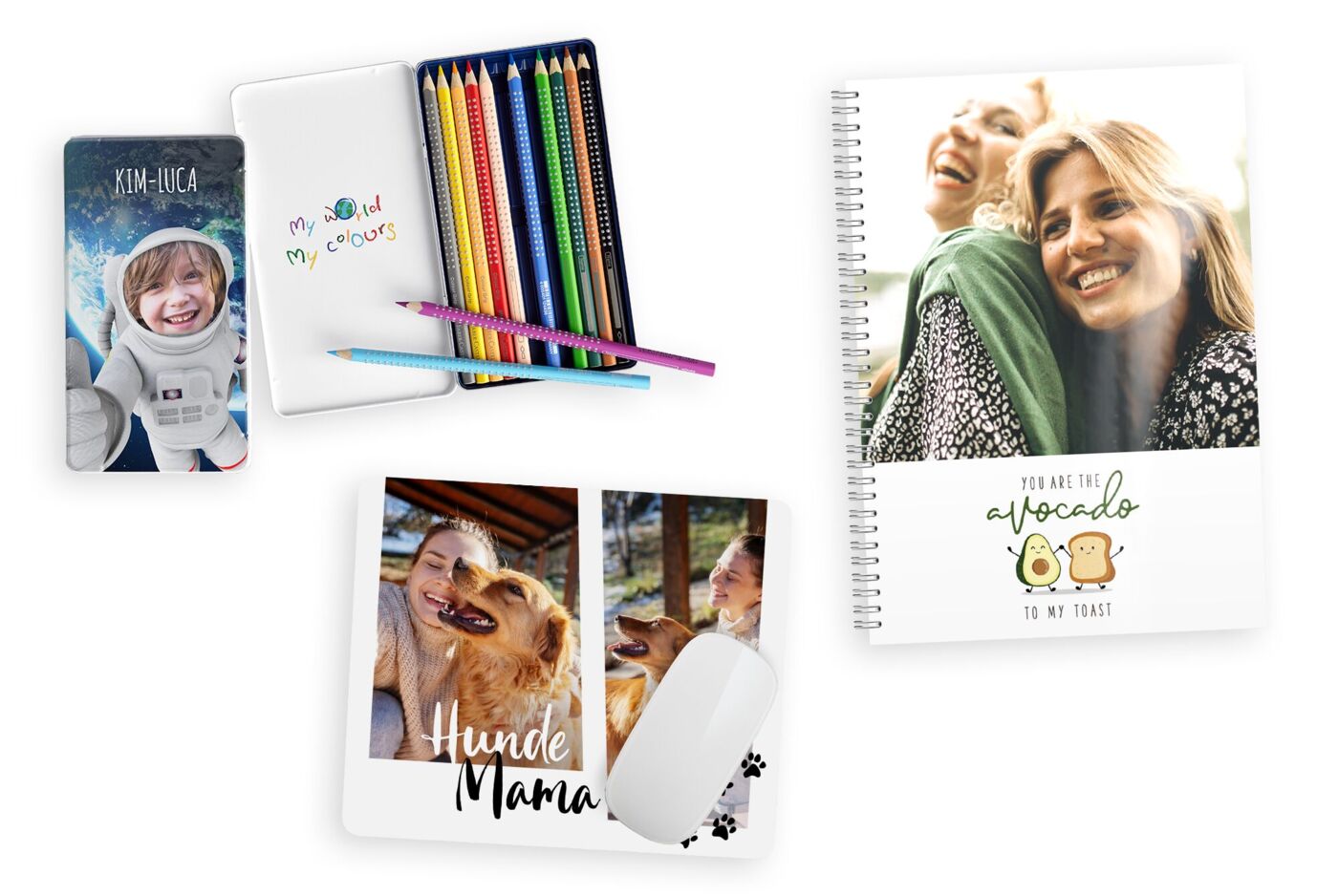 Buntstifte mit personalisiertem Metalletui, personalisiertes Foto-Mousepad und personalisierter Foto-Collegeblock.