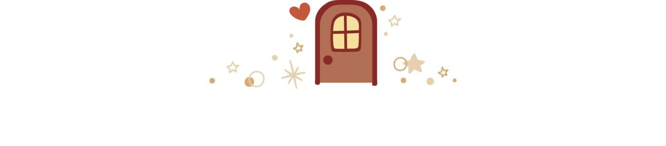  Illustration einer braunen Holztür mit Fenster, daneben ein rotes Herz und goldene Sterne. 