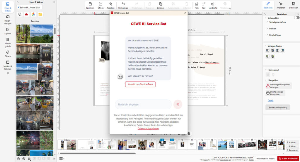 Screenshot des CEWE Fotowelt-Programms mit KI-Service-Bot.