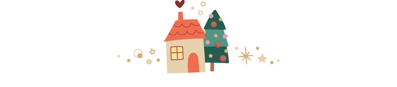  Weihnachtliche Illustration mit Haus und Weihnachtsbaum. 